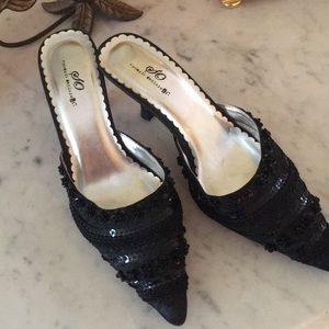 Black sequenced kitten heel mules